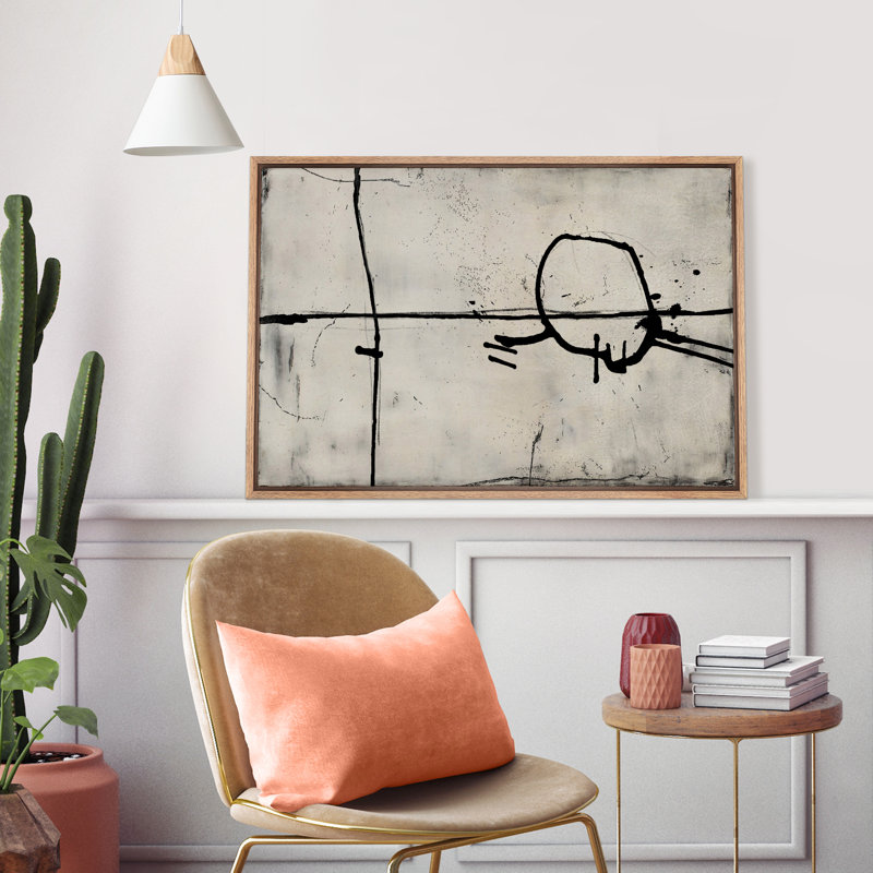 Abstract Beige Black Line Neutral Art Minimalist Modern Wall Art Living Room Decor, Natural, 24" H x 36" W