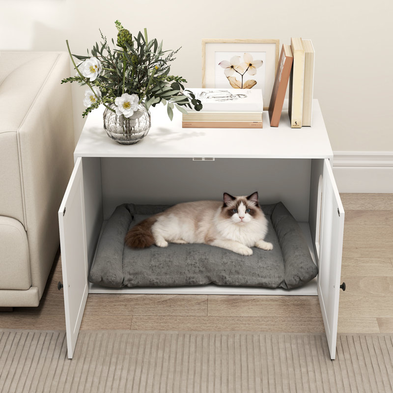 Enceinte de litière pour chat, meuble de litière caché avec porte de grange, trou pour chat, salle de bain intérieure pour animal de compagnie, table d'appoint, 31,5 po x 21 po x 20 po, blanc
