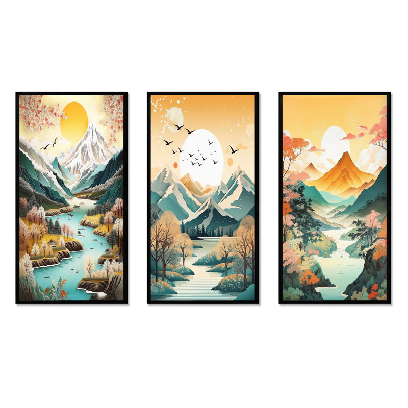«Snow Covered Mountain Peaks», 3 pièces sur toile, Cadre flottant noir, H 40 po x l 60 po