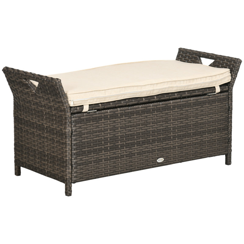 27 Gallon Patio Wicker Storage Bench, PE Rattan Outdoor Storage Box with Cushion and Handles, Brown+White