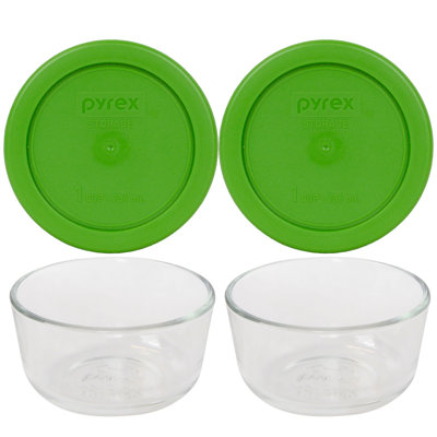 Pyrex (2) 7202 1-Cup Glass Bowls & (2) 7202-PC 1-Cup Lids