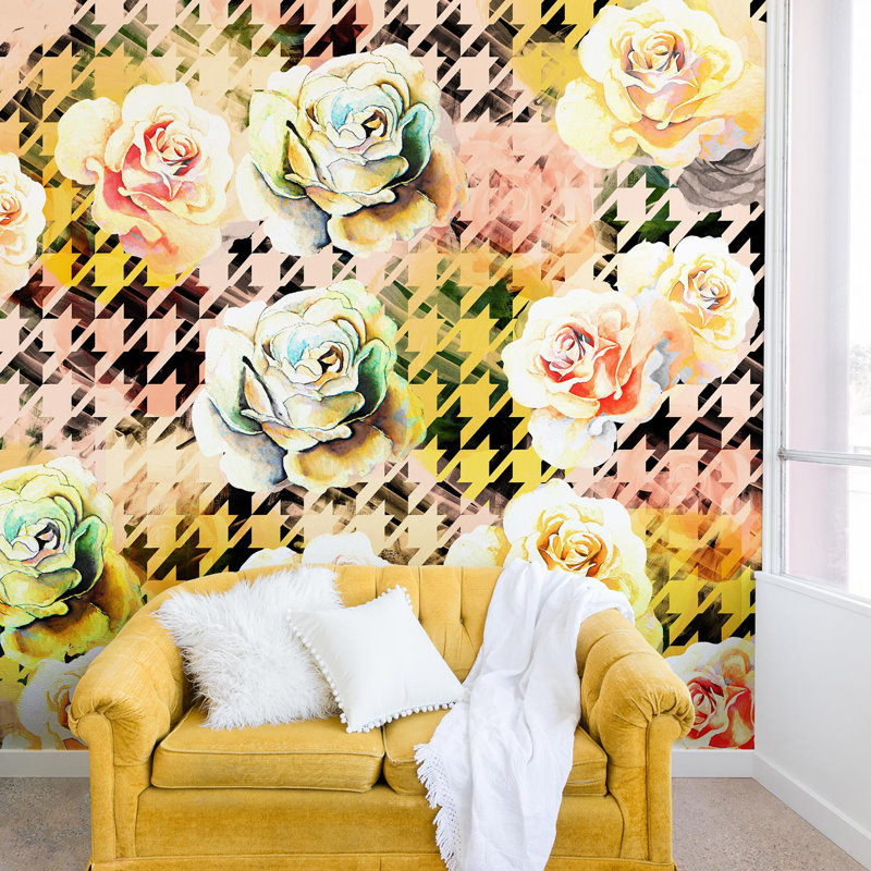 Murale marta barragan camarasa houndstooth et fleurs, L 96 po x l 96 po