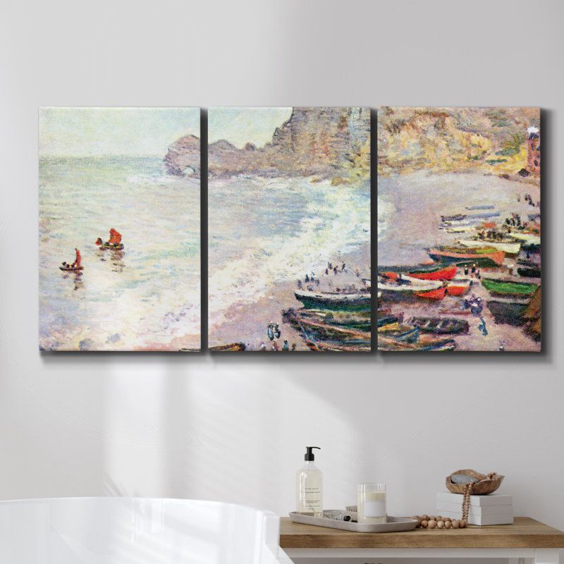 «Beach at Trouville» par Monet - 3 pièces sur toile tendue, H 48 po x l 96 po x P 2 po
