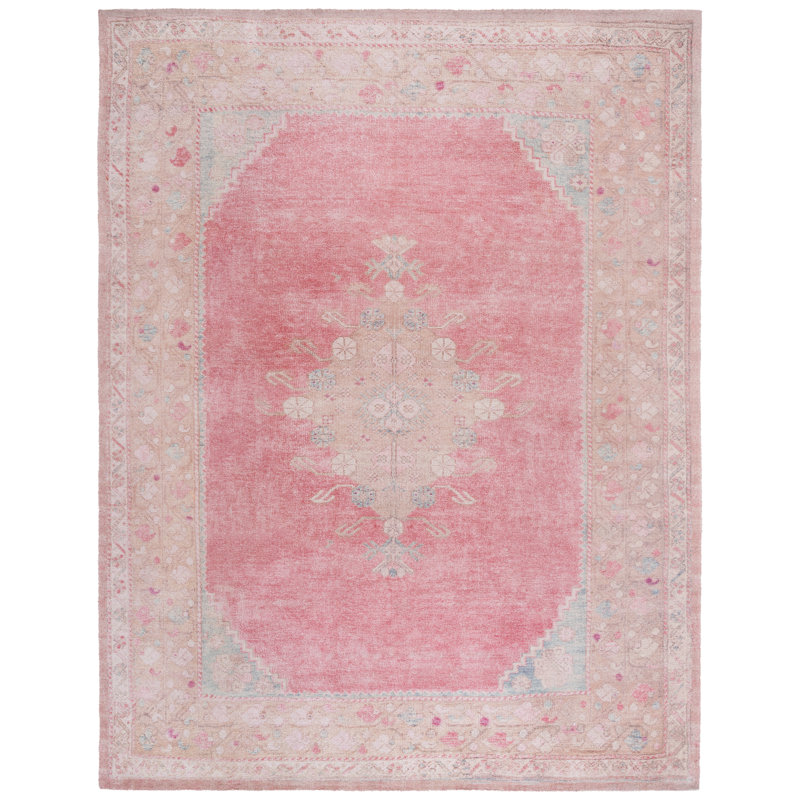 Bhavi Vintage Hand Tufted Pet Yarn/Cotton Oriental Rug in Pink/Dark Beige, Rectangle 8' x 10'
