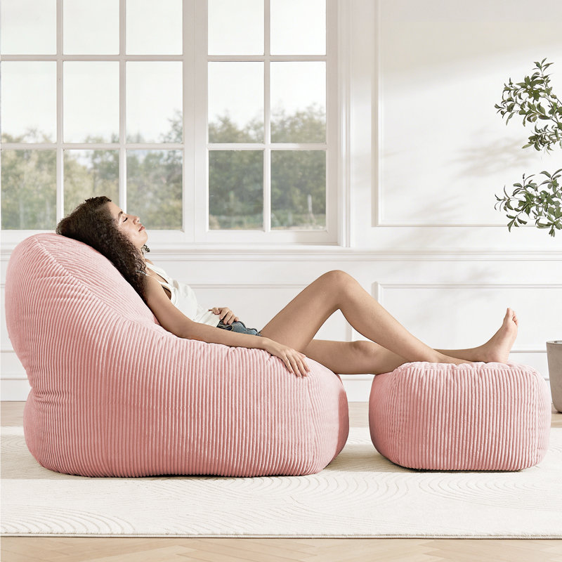 46" W Corduroy Bean Bag Chair with Ottoman, Oversized Memory Foam Floor Sofa for Adults, Gaming & Lounge Seat, 500 LBS Weight Capacity
