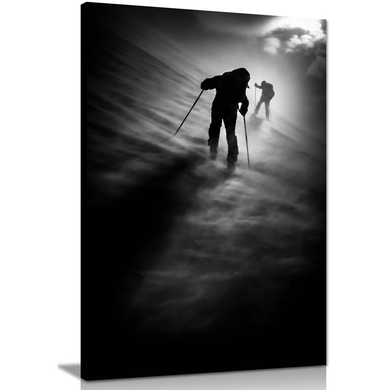 Skiers Silhouette Dark Mountain - Wrapped Canvas Art Prints, 46cm H x 31cm W