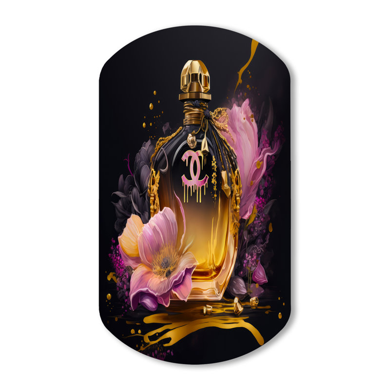 Chic bouteille de parfum avec roses roses I - Décoration murale irrégulière en forme de cylindre, H 31 po x l 19 po