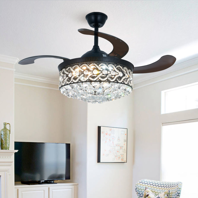 42''retractable Crystal Chandelier Fan With Remote Control 3 Color 3 Speed Change