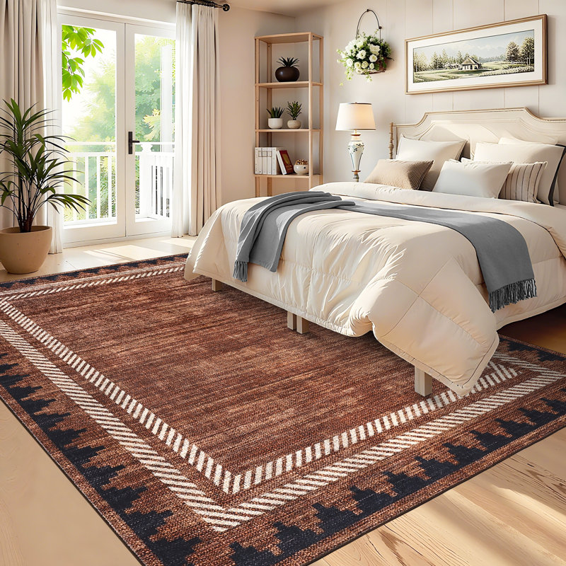 Tapis lavable Geometic Border, Red, Rectangulaire 8 pi x 10 pi