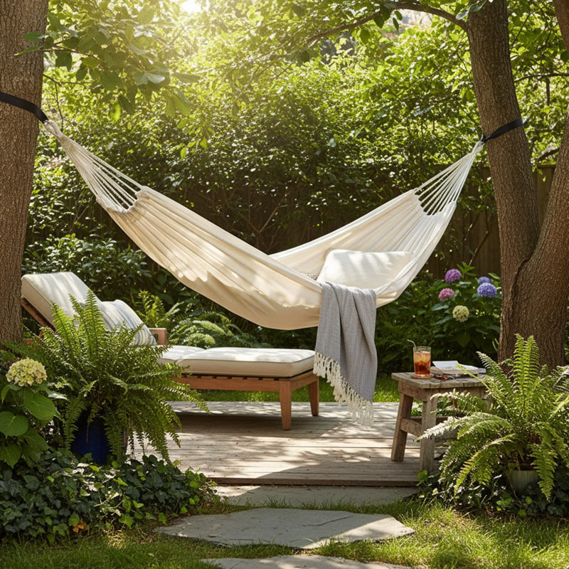 Comfortable Cotton Hammock with Tree-Friendly Straps & Portable Design, White