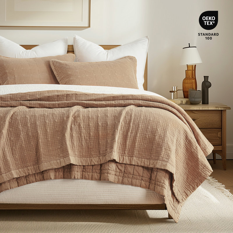 Stonewashed Crinkle Cotton Box Stitch Quilt Set, Burnt Orange, King Quilt + 2 King Shams