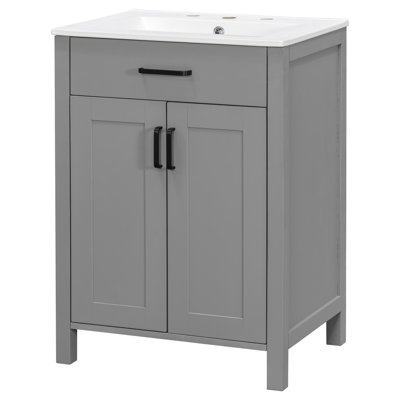 Meuble-lavabo simple 24 po Marlow au fini gris pierre avec plateau en céramique blanche, portes Shaker et rangement à fermeture en douceur