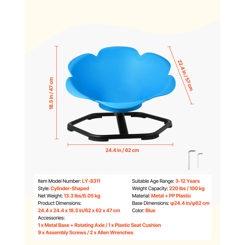 Plastic and Steel Kids Chair, 47cm H x 62cm W x 56.9cm D, Blue