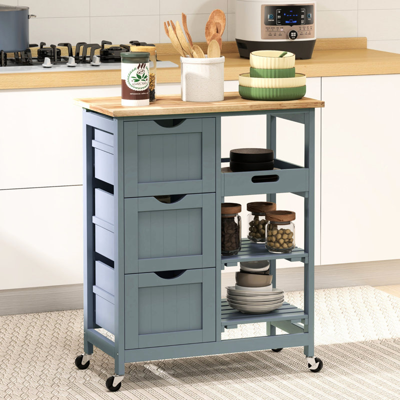 Chariot de cuisine compact avec étagères, gris - Surface en bois, tiroirs et plateau amovible pour un gain d'espace optimal. Tiroirs de rangement à roulettes, plateau, roulettes et organisation des aliments.