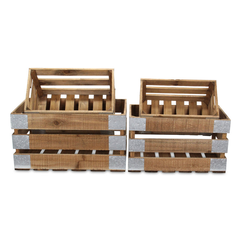 Uliel Set of 4 Rustic Wood and Metal Storage Crates with Galvanized Corners, Farmhouse Style Organizer