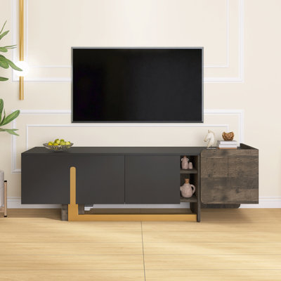 Meuble télé de luxe léger pour téléviseur de 70 po ou moins, meuble télé moderne avec pieds en métal, 1 tiroir, 2 armoires et tablettes réglables, noir