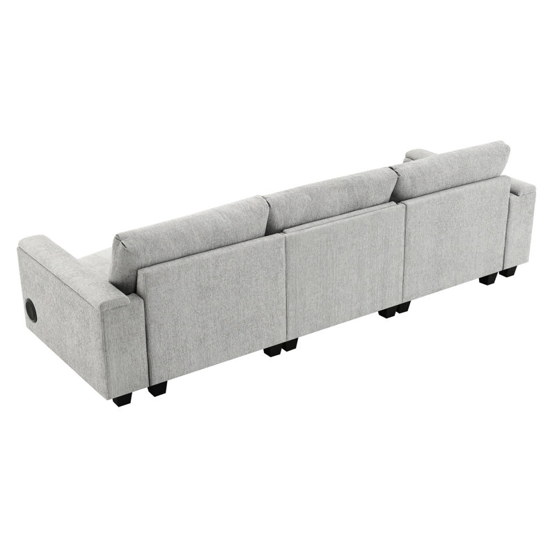 Élégant canapé en chenille avec porte-gobelets, rangement pour accoudoirs et table modulaire 96 po