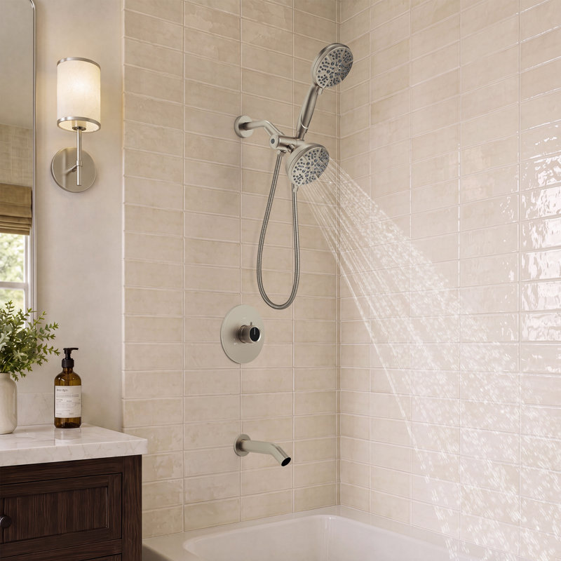 Ensemble de robinet de douche à trois fonctions, pomme de douche et douche à main avec 5 réglages de jet, Nickel brossé