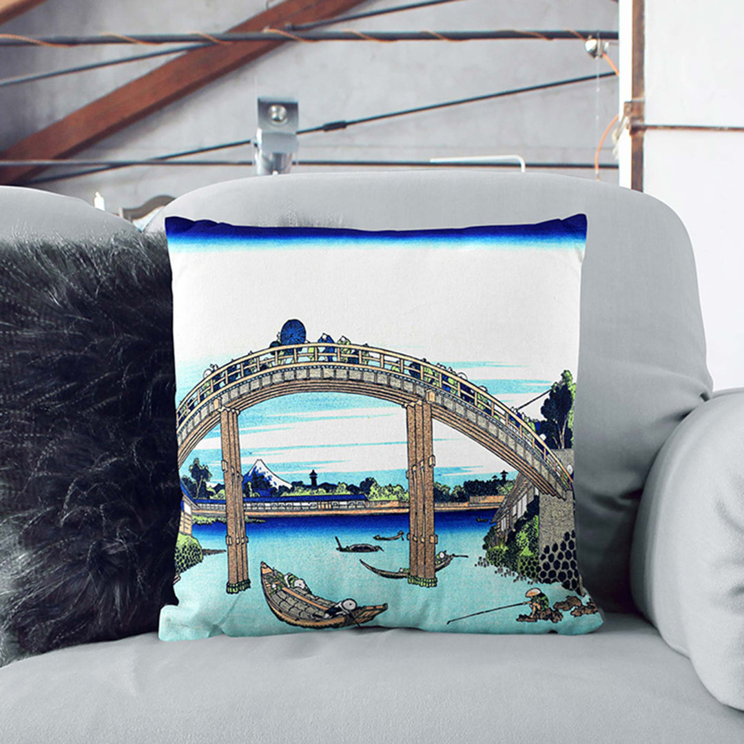 Bridge over the River by Katsushika Hokusai Cushion with Filling