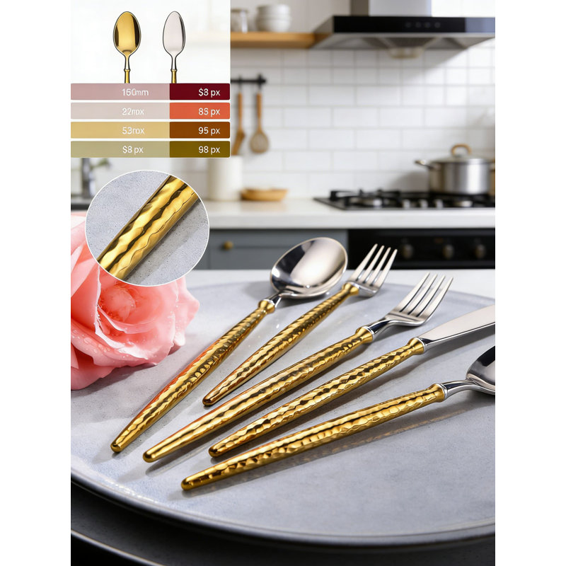 Ensemble de couverts 20 pièces en acier inoxydable martelé, ensemble de couverts forgés 18/10 pour 4, argenterie polie miroir de luxe, va au lave-vaisselle
