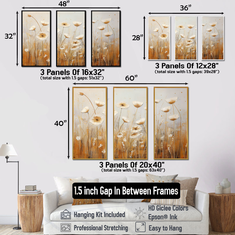 Ensemble de décorations murales Beige Wildflowers Garden Whispers II - Wildflowers, Cadre flottant blanc