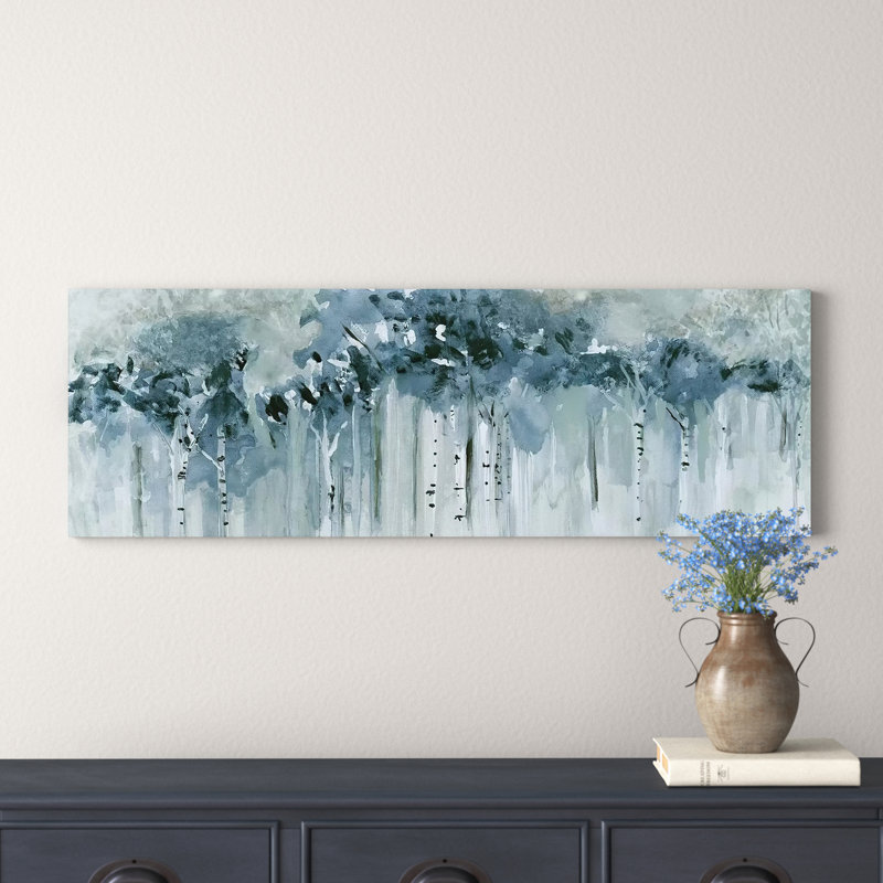 «Blue Birch Morning» par Susan Jill - impression d'art graphique, Toile tendue, H 20 po x l 60 po, Sans cadre
