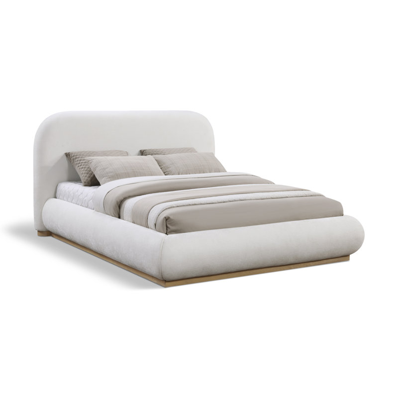 Humayrah Upholstered Panel Bed, Queen, Cream Chenille Fabric / Stained Natural