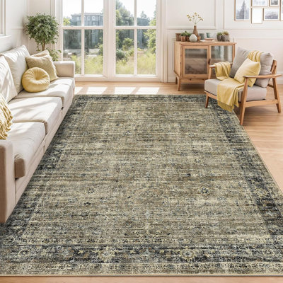 Living Room Rugs 5X7 Washable, Soft Vintage Distressed Large Bedroom Area Rug Foldable Indoor Floor Carpet, Retro Thin Non-Slip Throw Rugs For Bedroom Dining Room, Olive Brown