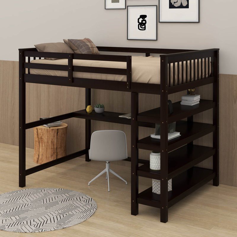 Lit mezzanine double avec tablettes et bureau, Espresso