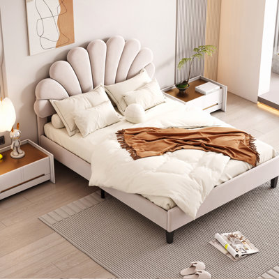 Lit plateforme tapissier avec tête de lit en velours à motif floral