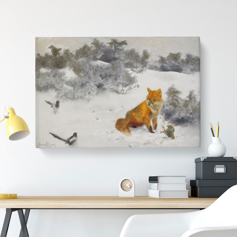 Fox And Magpies by Bruno Liljefors - Wrapped Canvas Painting, 35cm H x 50cm W x 3cm D