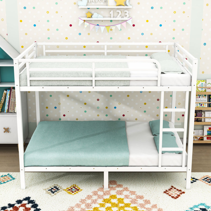 Metal Bunk Bed With Guardrails And Ladder, White, Full XL Over Full XL