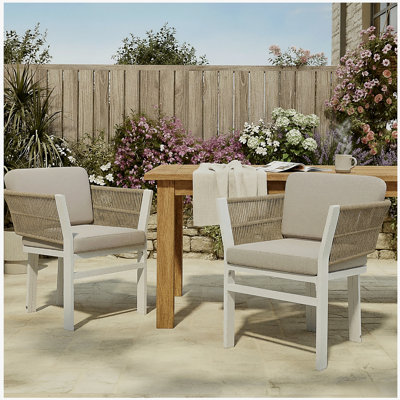 Ensemble de 2 chaises de salle à manger d'extérieur, structure en aluminium blanc avec coussin beige, capacité de 300 lb, sièges de patio toutes saisons pour la cour, la terrasse et le jardin