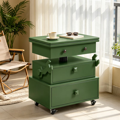 End Table Lift Top Rolling Cart with Charging Station, High-Gloss Lacquered Mobile Desk with Storage Drawers & Locking Casters, Multi-functional Nightstand for Living Room, Bedroom & Home Office