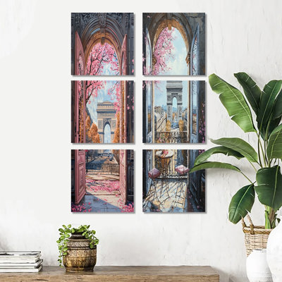 Pink Arc De Triomphe Windows View - Paris Canvas Wall Art Set Of 6