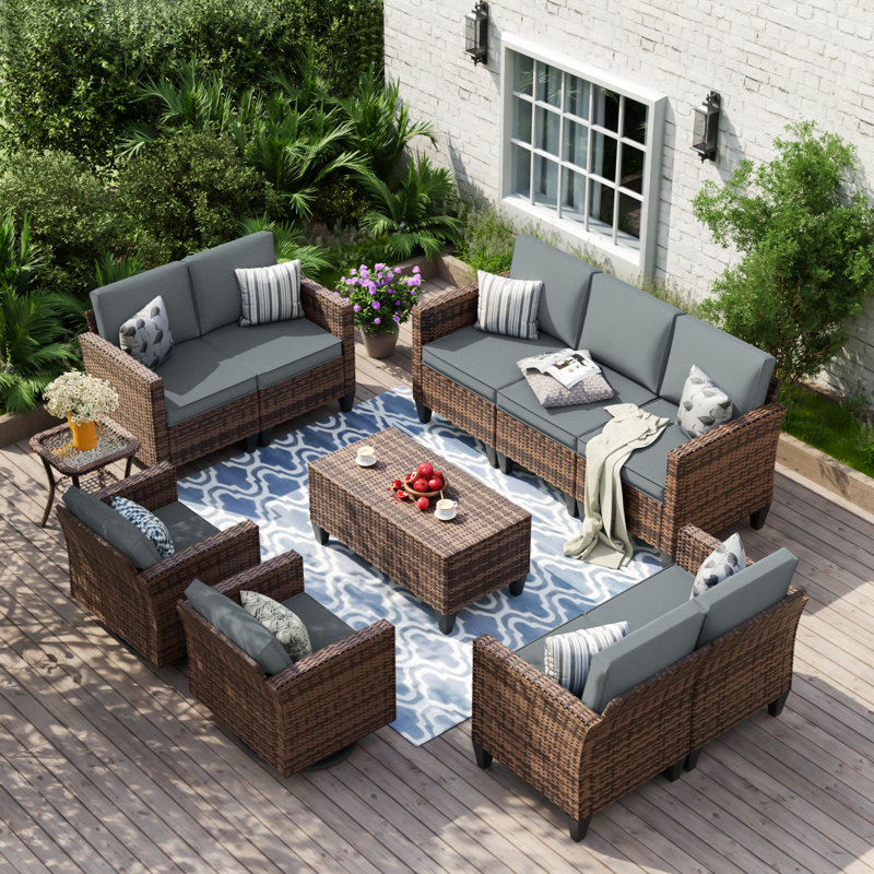 Kisner 9 - Person Outdoor Wicker Sofa Seating Group With Cushions And Table, Gray