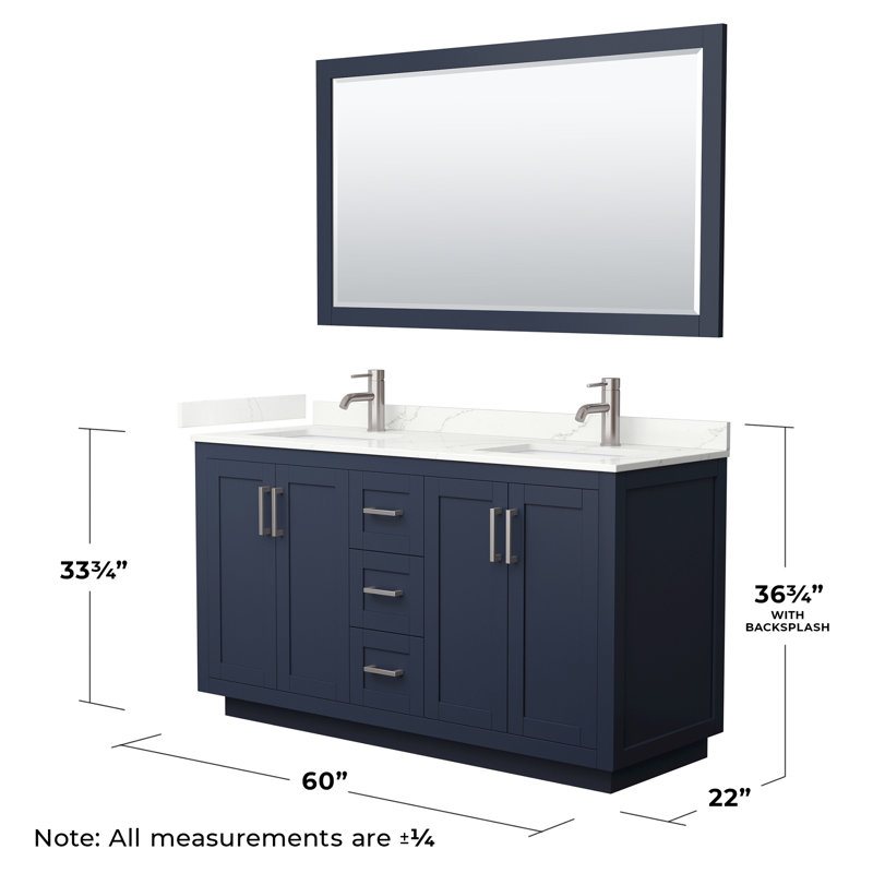 Meuble-lavabo double autoportant 60 po avec plateau en quartz Miranda, Bleu foncé, Quartz Giotto, Nickel brossé