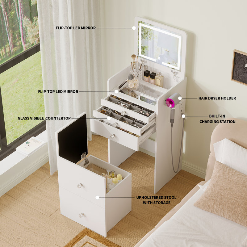 Nykee Vanity With Flip Top Mirror & Power Outlets & Soft Stool, White
