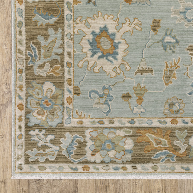 Tapis bleu sarcelle / rouille à bordure Graicyn, Rectangle 6 pi 7 po x 9 pi 9 po