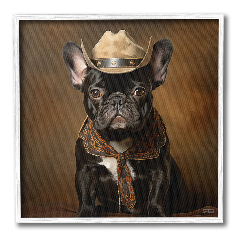 Bouledogue français, portrait, estampe numérique, Artby, Giclée encadrée blanc bord de mer, H 24 po x l 24 po