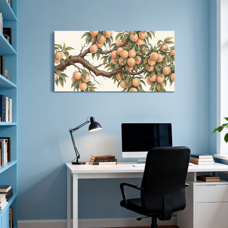 Plantes et fleurs - Branche de pêcher avec fruits et feuilles mûres, H 16 po x l 32 po