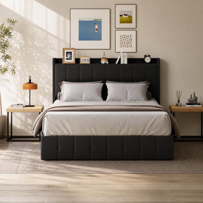 Cadre de lit King avec rangement relevable et tête de lit avec rangement, lit plateforme hydraulique en velours capitonné, cadre de lit en métal sans sommier, noir
