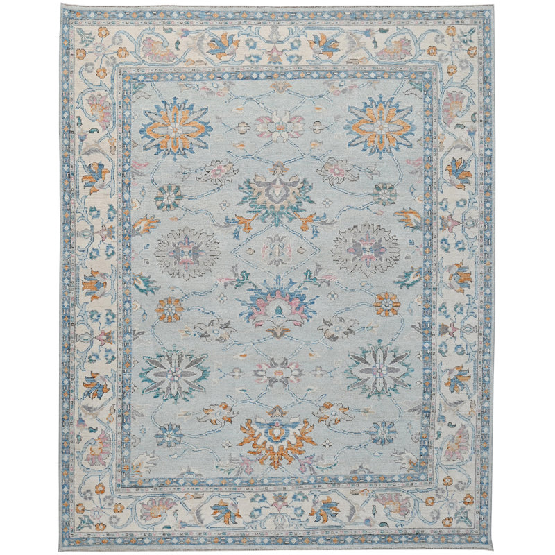 Tapis bleu et ivoire de haute qualité noué à la main