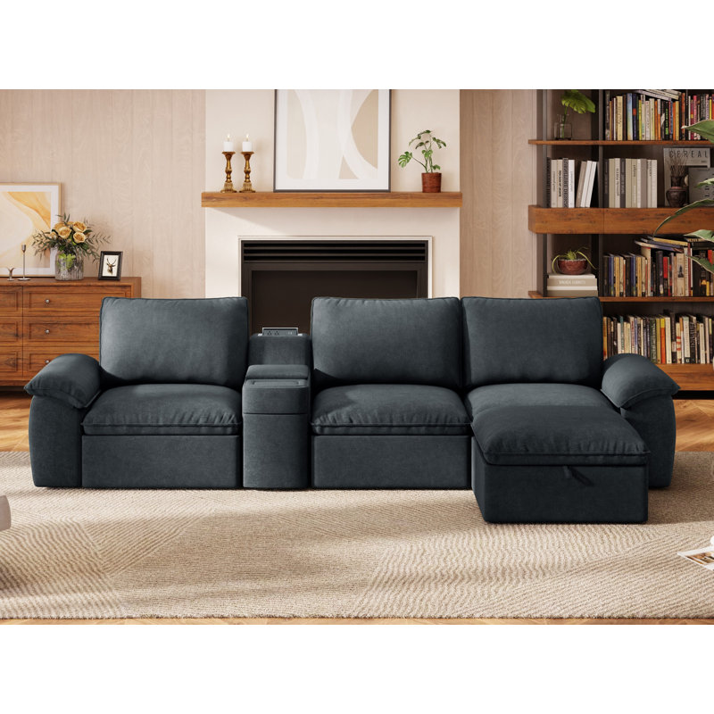 Canapé modulaire 3 places avec repose-pieds et table de bout, Mélange de polyester gris