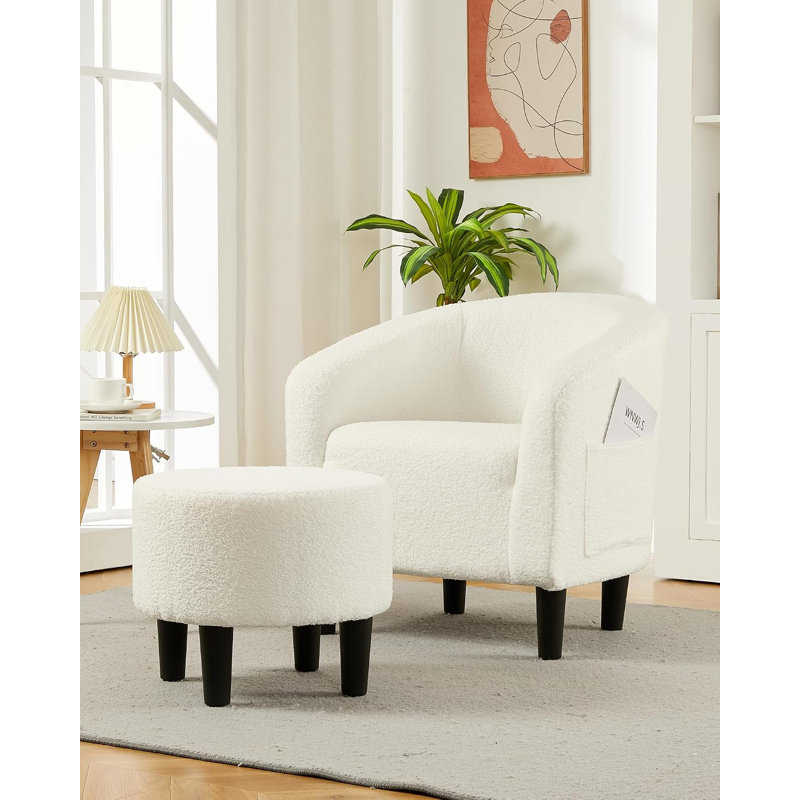 Ensemble de fauteuil d'appoint avec repose-pieds, fauteuil demi-tonneau avec repose-pieds, fauteuil doux et tabouret pour petit salon