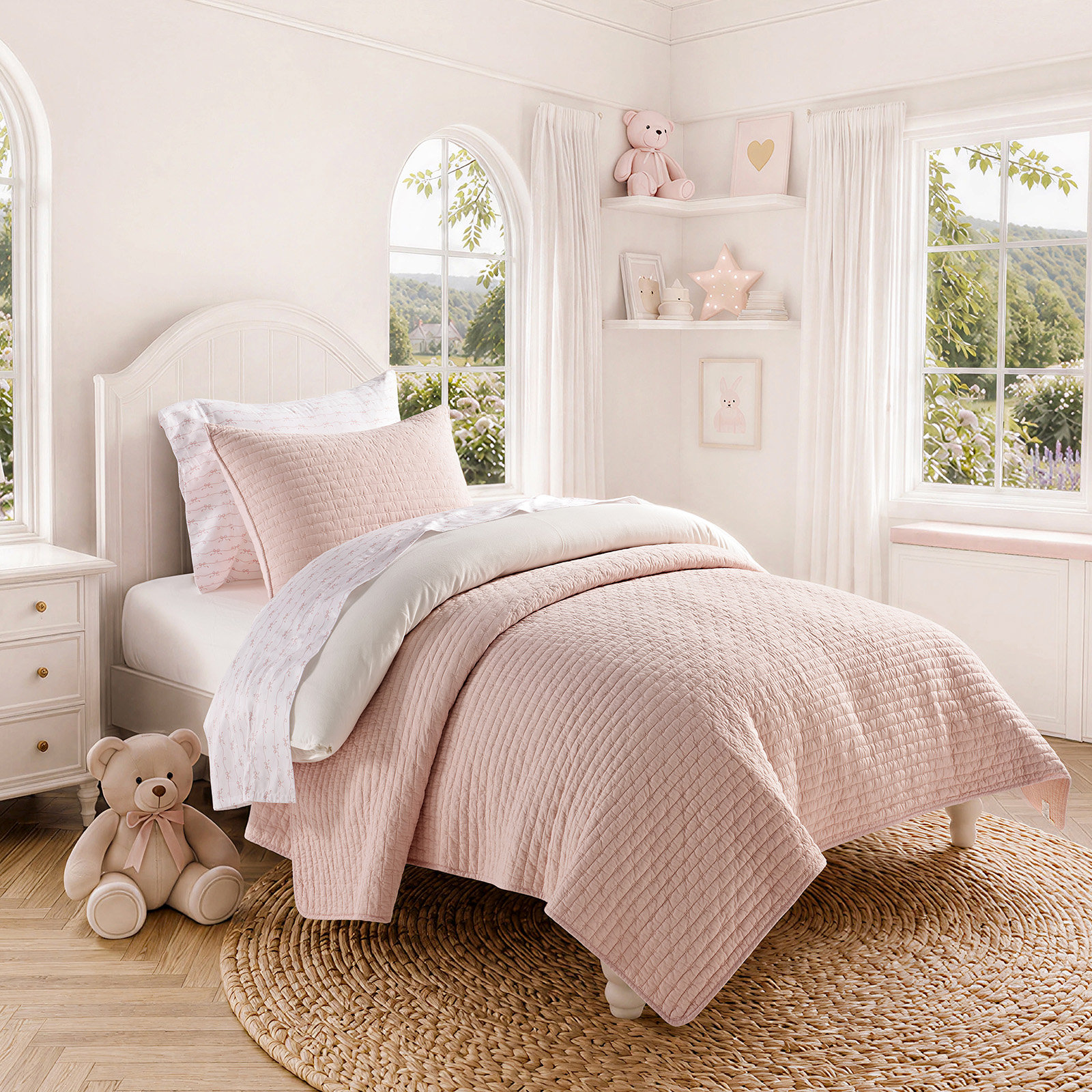 Cotton Quilt Set, Twin + 1 Sham, Ballet Pink