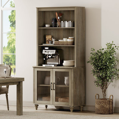 72.1'' Tall Kitchen Pantry Cabinet With 2 Glass Doors And Adjustable Shleves, Wash Gray