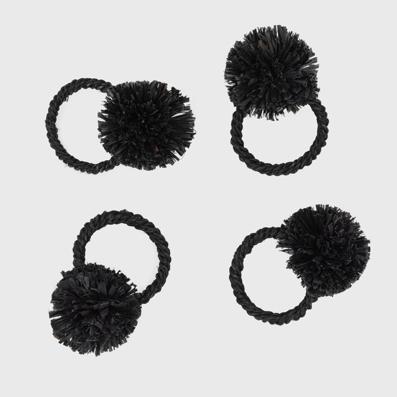 Straw Pompom Napkin Rings, Black