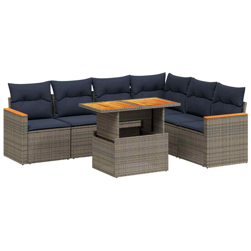  Ensemble de canapé de patio 7 pièces avec coussins en rotin de polyester, Gris, Bleu