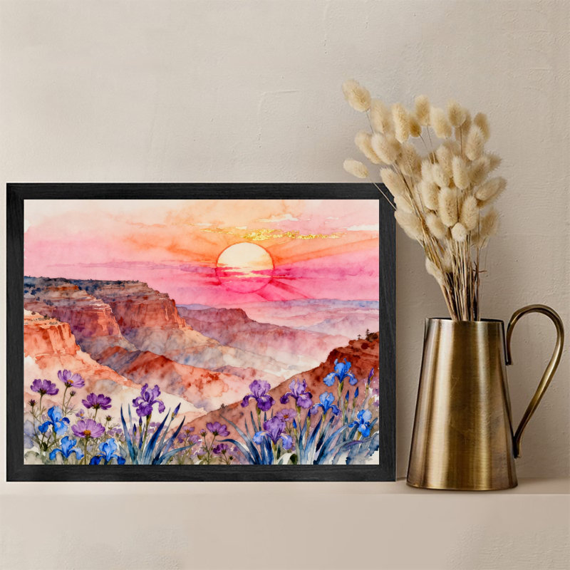 Reproduction d'art encadrée noire rétro de paysage primitif coloré, H 25 po x l 37 po